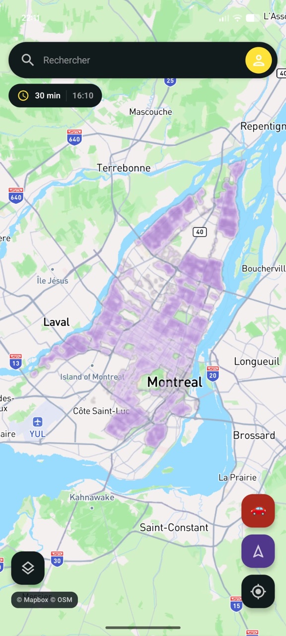Application Parkus : vue d'ensemble de l'île de Montréal montrant l'étendue des segments couverts