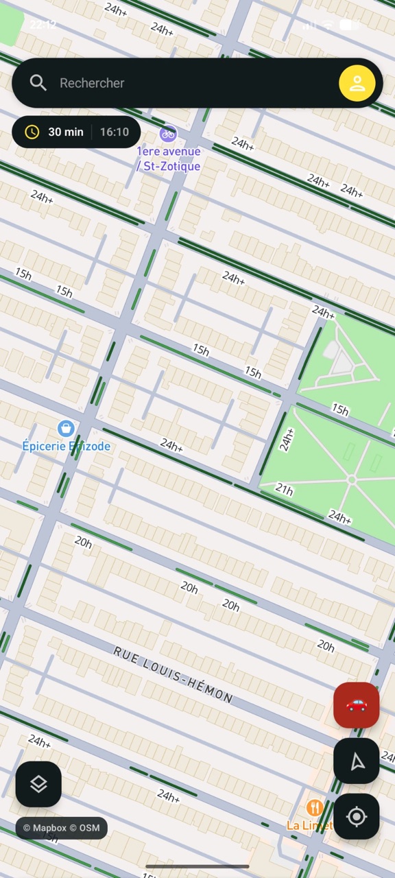 Application Parkus : carte de rues de Montréal où chaque segment disponible affiche sa durée de stationnement autorisée (15 h, 20 h, 21 h, 24 h et plus)